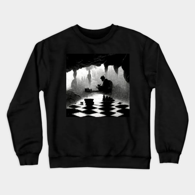 A man playing chess in cave on a rainy day Crewneck Sweatshirt by Riverside-Moon